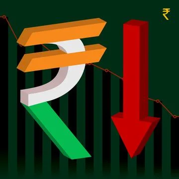 Falling rupee india currency 3d symbol with statistical graph background Stock Illustration