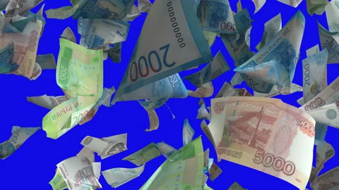 Falling Russian Ruble banknotes on Blue Chroma Key 4K Loopable Stock Footage 144255110