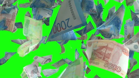 Falling Russian Ruble banknotes on Green Chroma Key 4K Loopable Stock Footage 144255135