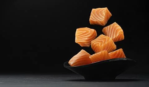 Falling salmon cubes on black background Foto stock