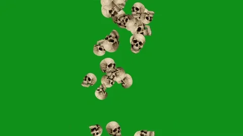 Falling scary skulls motion graphics with green screen background Video stock 347211715
