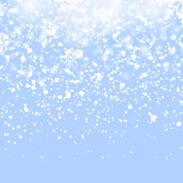 Falling shining snow or snowflakes on blue background. Vector. Stock Illustration