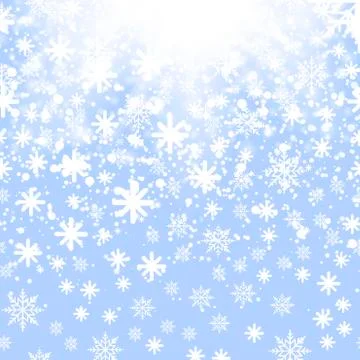 Falling shining snow or snowflakes on blue background. Vector. Stock Illustration