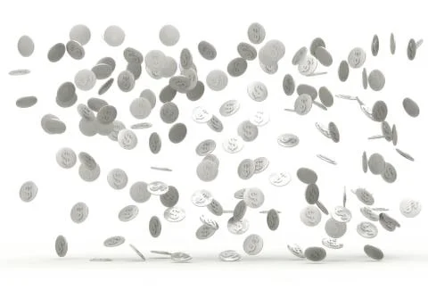 Falling silver coins from above isolated on white background. Ilustração Stock