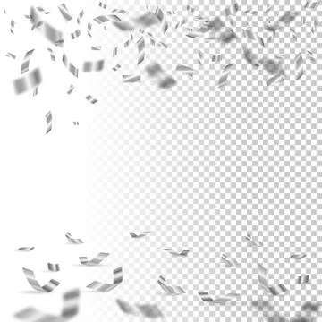 Falling silver confetti on transparent background. Vector holiday design element Stock Illustration