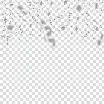Falling silver confetti on transparent background. Many flying metallic grey Stock Illustration