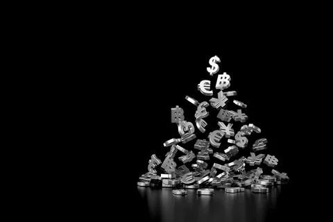 Falling silver currency sign. 3D rendering. Stock Illustration