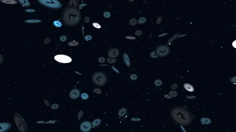 Falling silver Litecoin coins and glowing blue particles on dark background.. Stock Footage 342338051