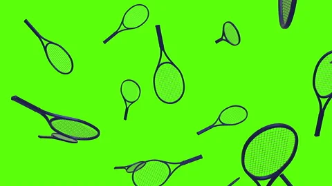 Falling sky blue tennis racket over green screen. Rain of tennis racket Video stock 237027043