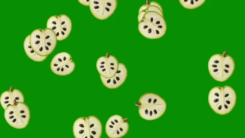 Falling sliced custard apples motion graphics with green screen background Video stock 346769298