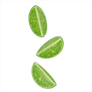 Falling Sliced Lime. 3D Realistic Render. Lime Wedges. Isolated On White Illustrazione stock