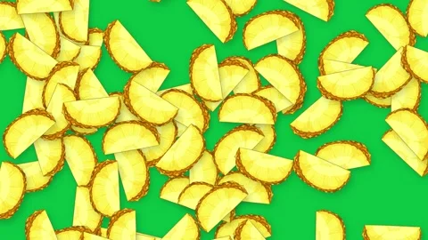 Falling Sliced Pineapple Pieces Animation on Solid Green Background Stock Footage 339515930