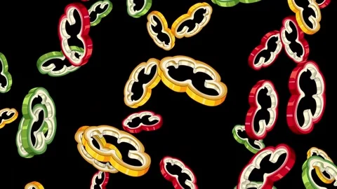 Falling Sliced Red Green and Yellow Bell Peppers on Black Background Stock Footage 344845728