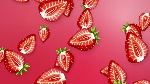 Falling Sliced Strawberry Fruit Animation on Vibrant Pink Background Stock Footage 344831345