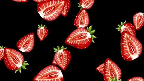 Falling Sliced Strawberry Halves Animation on Black Background Stock Footage 344832146