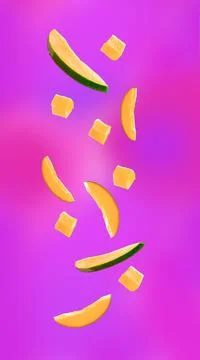 Falling slices of mango on a neon background. Club and party atmosphere Stock Photos