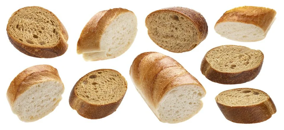 Falling slices of rye bread isolated on white background Foto stock