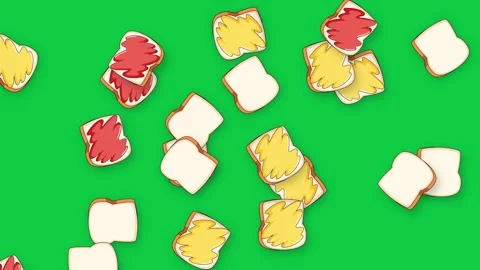 Falling Slices of Toast with Jam and Butter on Green Screen Stock Footage 342314089