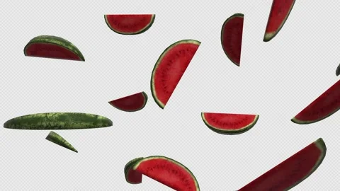 Falling slices of watermelon over alpha channel. Rain of slices watermelon Stock Footage 236725074