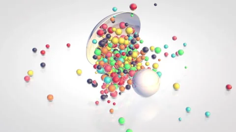 Falling of small glossy colorful 3d balls and a large white ball into the bow Stock Footage 64708154