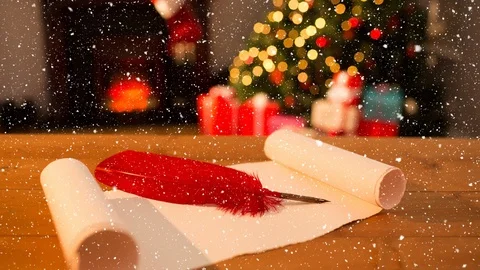 Falling snow and Santa list at Christmas home Stock Footage