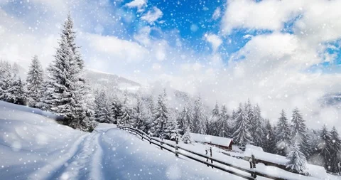 Falling snow animation winter mountain landscape Stock Footage 98464993