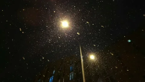 Falling snow backlit with modern street lamp in city street at night in winter. Video stock 183046102
