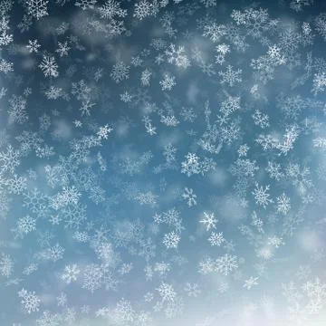 Falling snow on a blue background. Abstract white snowflake and sparkles Illustrazione stock