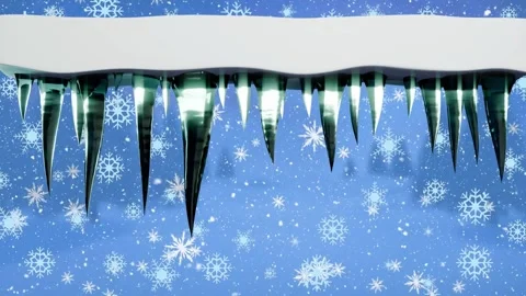 Falling snow causing icicles forming and growing along snow overhang, reflecting Stock Footage 340750802
