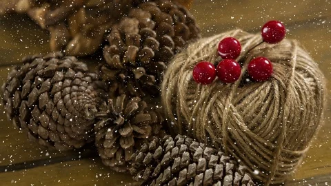 Falling snow with Christmas pine cones decoration Stock Footage 97994727
