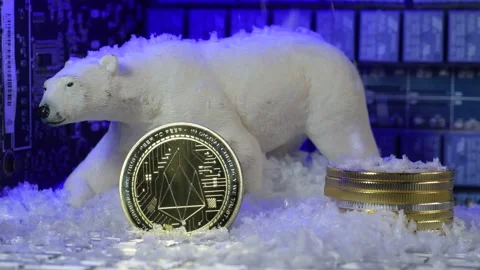 Falling snow on EOS coins in Bear crypto markets concept, winter is 库存影片 198993351