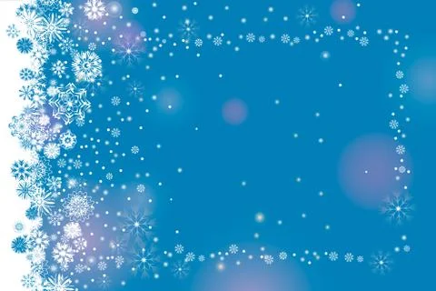 Falling snow frame on a bright blue background. Abstract winter lights blurry Stock Illustration