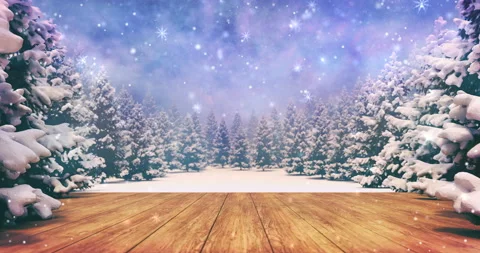 Falling snow over winter forest at bright daylight and wooden deck front. Stock Footage 141052367