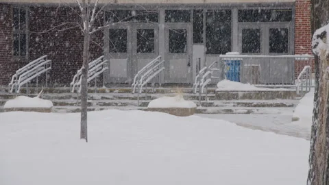 Falling snow by school building in winter Stock Footage 295916531