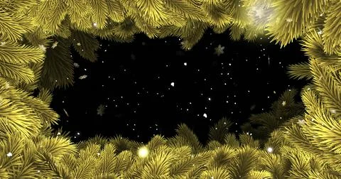 Falling snow sparking golden branches framing dark void shimmering lights Stock Illustration
