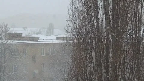 Falling snow in spring in the city Видео 235601290