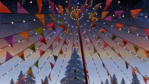 Falling snow starting central pole bunting and lights swaying and sparkling Stock Footage 340654525