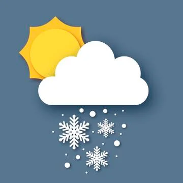 Falling Snow. Sun and cloud. Paper cut Weather. White snowflakes. Winter time. Stock Illustration