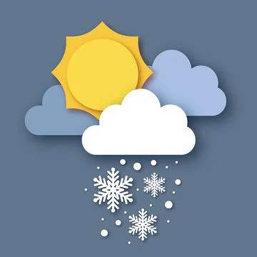 Falling Snow. Sun and cloud. Paper cut Weather. White snowflakes. Winter time. Stock Illustration