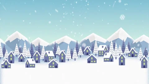 Falling Snow, Winter, Mountain Town Landscape, Seamless Loop 2D Animation Stock Footage 249625850