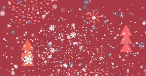 Falling snowflakes dancing over red digital background, featuring pink tree Stock Photos