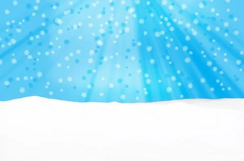 Falling snowflakes with rays on snow. Christmas, New Year, winter. Copy space Stock Illustration