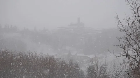 Falling snowflakes in a rural landscape Stock Footage 89213655