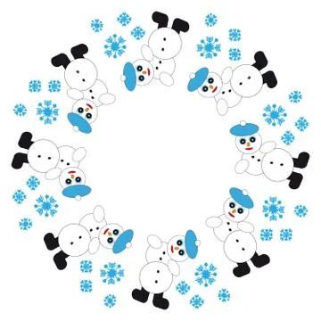 Falling snowman with snowflakes in ring on white  background Stock Illustration