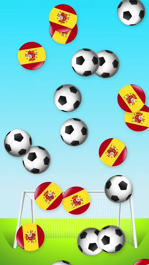 Falling Soccer Balls and Spain Flag Icons Over Goal Background Stock Footage 341378928