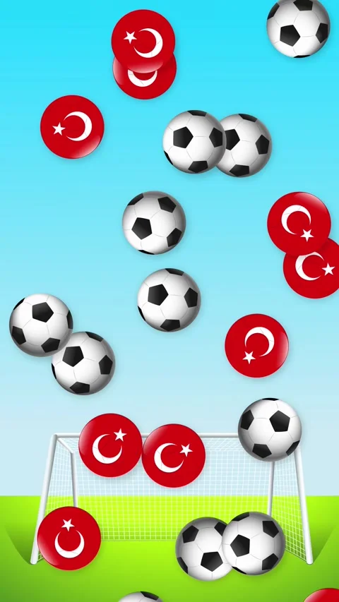 Falling Soccer Balls and Turkey Flag Spheres Over a Goal Post Stock Footage 341461953