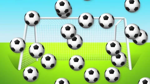 Falling Soccer Balls Animation Over Goal and Green Field Background Stock Footage 342218746