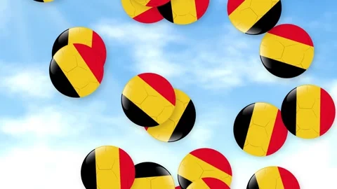 Falling Soccer Balls with Belgian Flag Colors Against Blue Sky Stock Footage 341715792