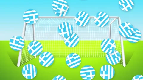 Falling Soccer Balls with Greece Flag Pattern Over Goal Post Stock Footage 344831337