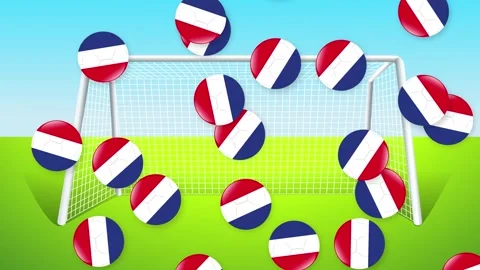 Falling Soccer Balls with Netherlands Flag Pattern Over Goal Stock Footage 342118942